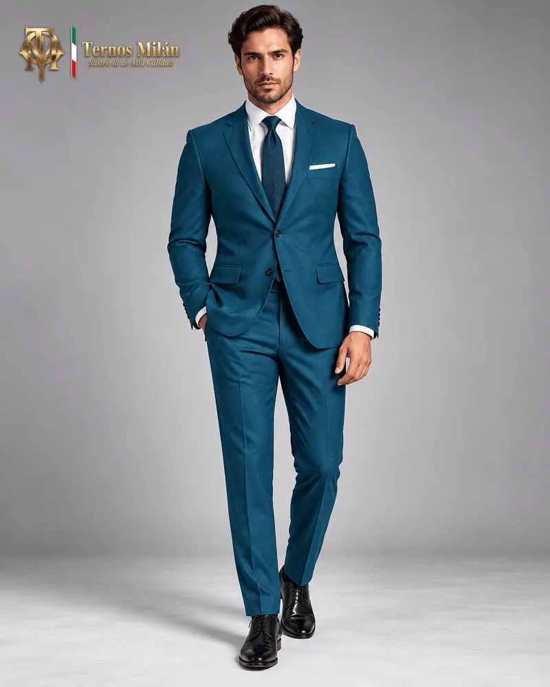 Terno verde azulado de dos piezas para hombre, vista de cuerpo completo