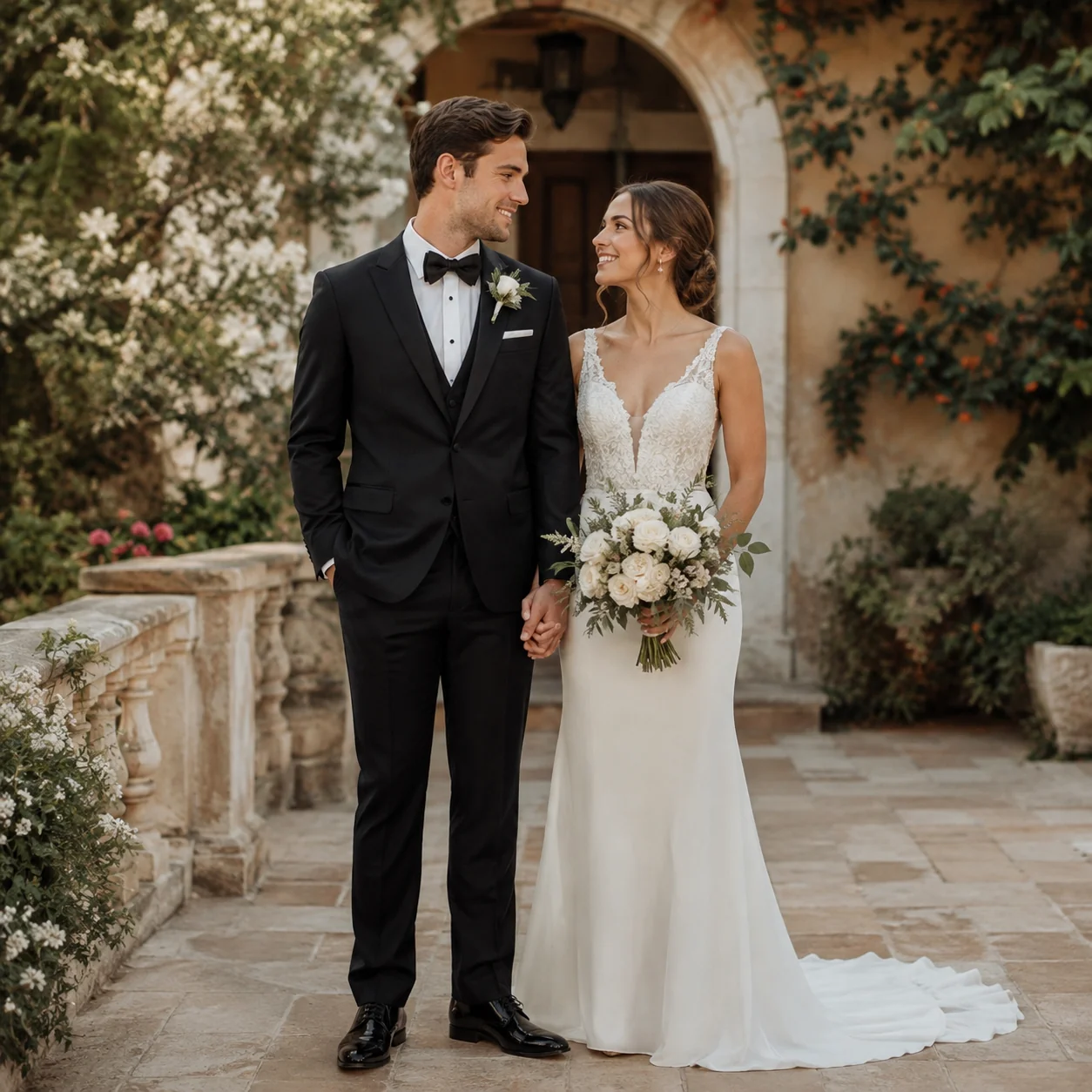 Novio y padrinos con ternos formales en un matrimonio