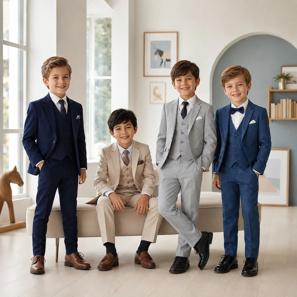Niños vistiendo ternos en tonos azul y negro durante una celebración