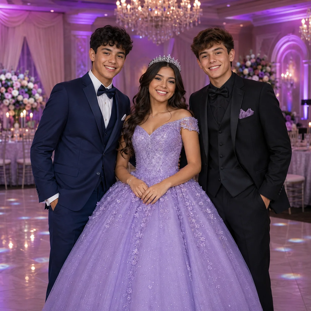 Jóvenes con ternos azul y negro en una fiesta de quinceaños